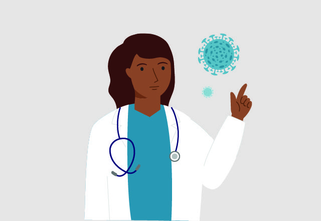 Graphic with a doctor pointing to a germ
